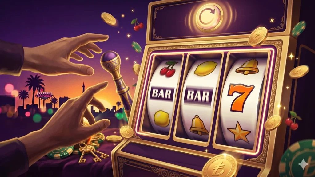 DaVegas free spin: altın slot makinesi ve kol çevirme, BAR ve 7 sembolü Vegas tarzı